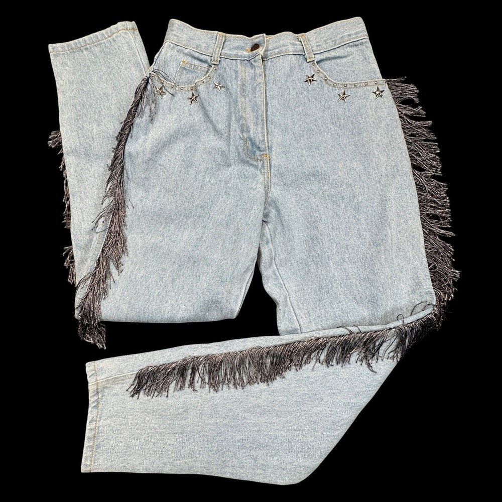 Monique Jeans High Rise Tapered Women 11/12 Blue Fringe Star Studded 90s Western